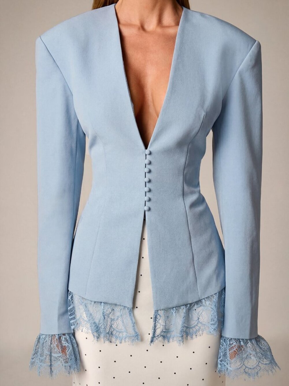 Blue Elegant Women's Lace Collarless Deep V-Neck Bell Sleeves Blazer